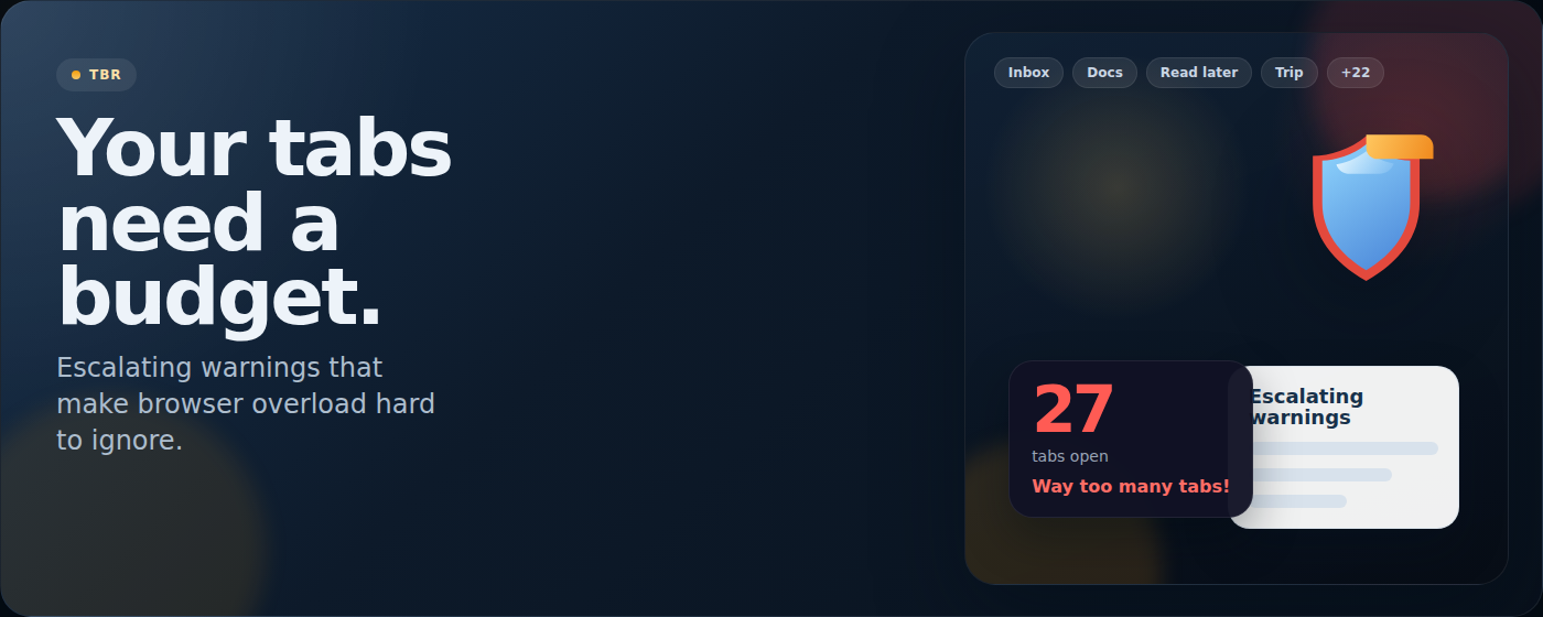 Promotional banner for tbr showing the warning-first tab budget reminder concept