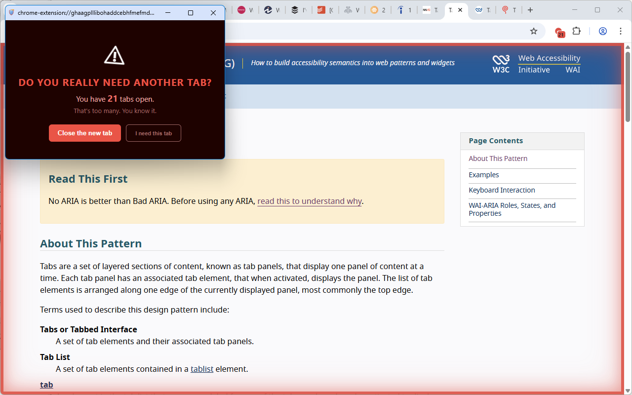 Warning window shown when a new tab opens while the tab count is already at or over the danger threshold